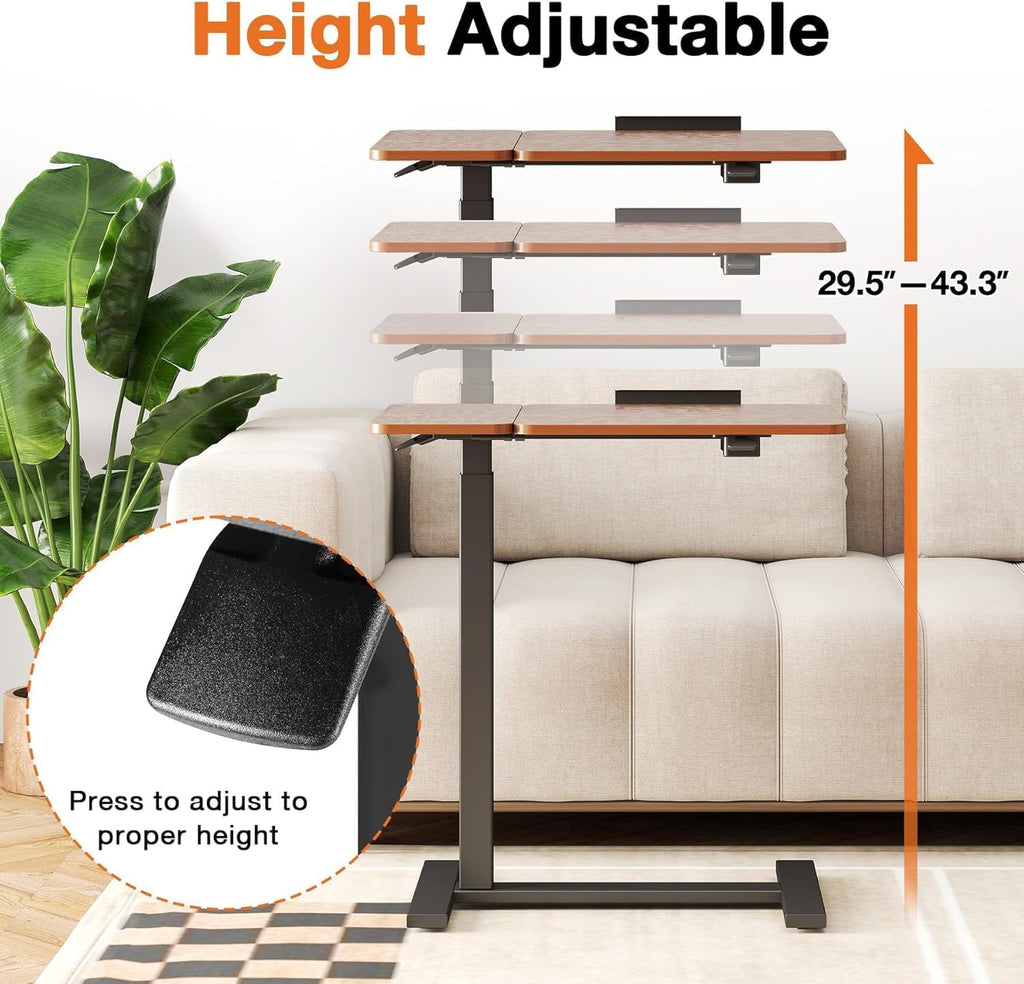 VANECL Adjustable Overbed Rolling Laptop Table, Pneumatic Height & 0°-70° Tilting Bedside Desk with Hidden Wheels for Bed Sofa Office