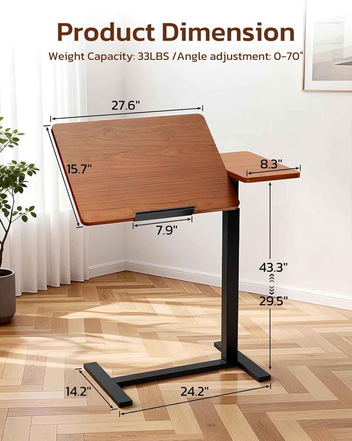 VANECL Adjustable Overbed Rolling Laptop Table, Pneumatic Height & 0°-70° Tilting Bedside Desk with Hidden Wheels for Bed Sofa Office