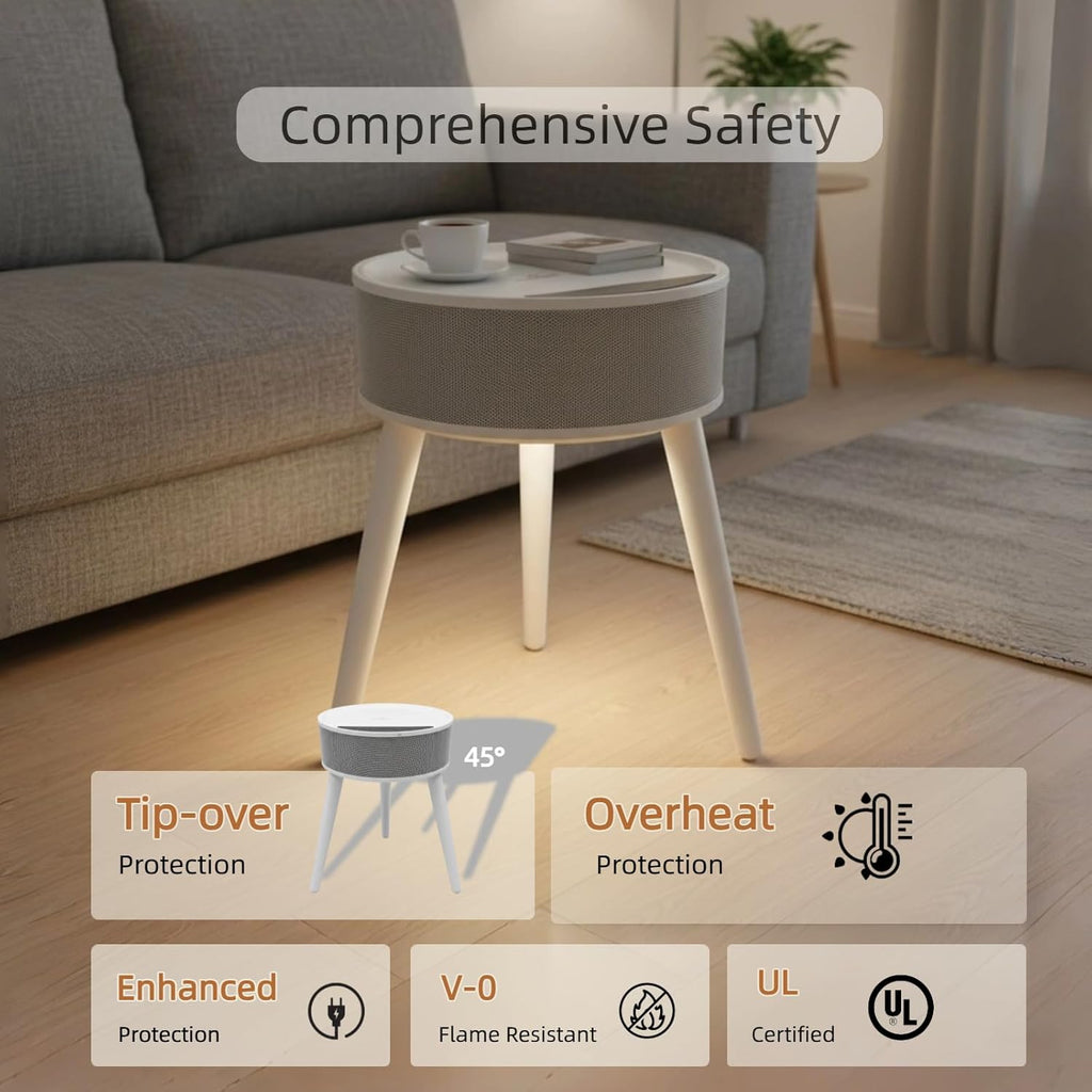 VANECL 3-in-1 Round Side Table Space Heater, PTC Fast Heating Wooden End Table Heater with 1–12H Timer, Ultra Quiet Anti-Tip Portable Electric Heater for Bedroom Living Room