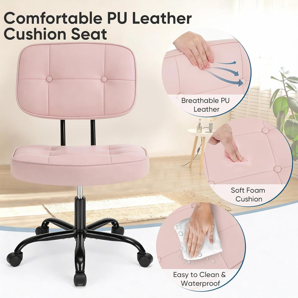 VANECL Armless PU Leather Rolling Office Chair, Thick Cushion Ergonomic Desk Chair for Small Space, Supports Up to 350 LBS