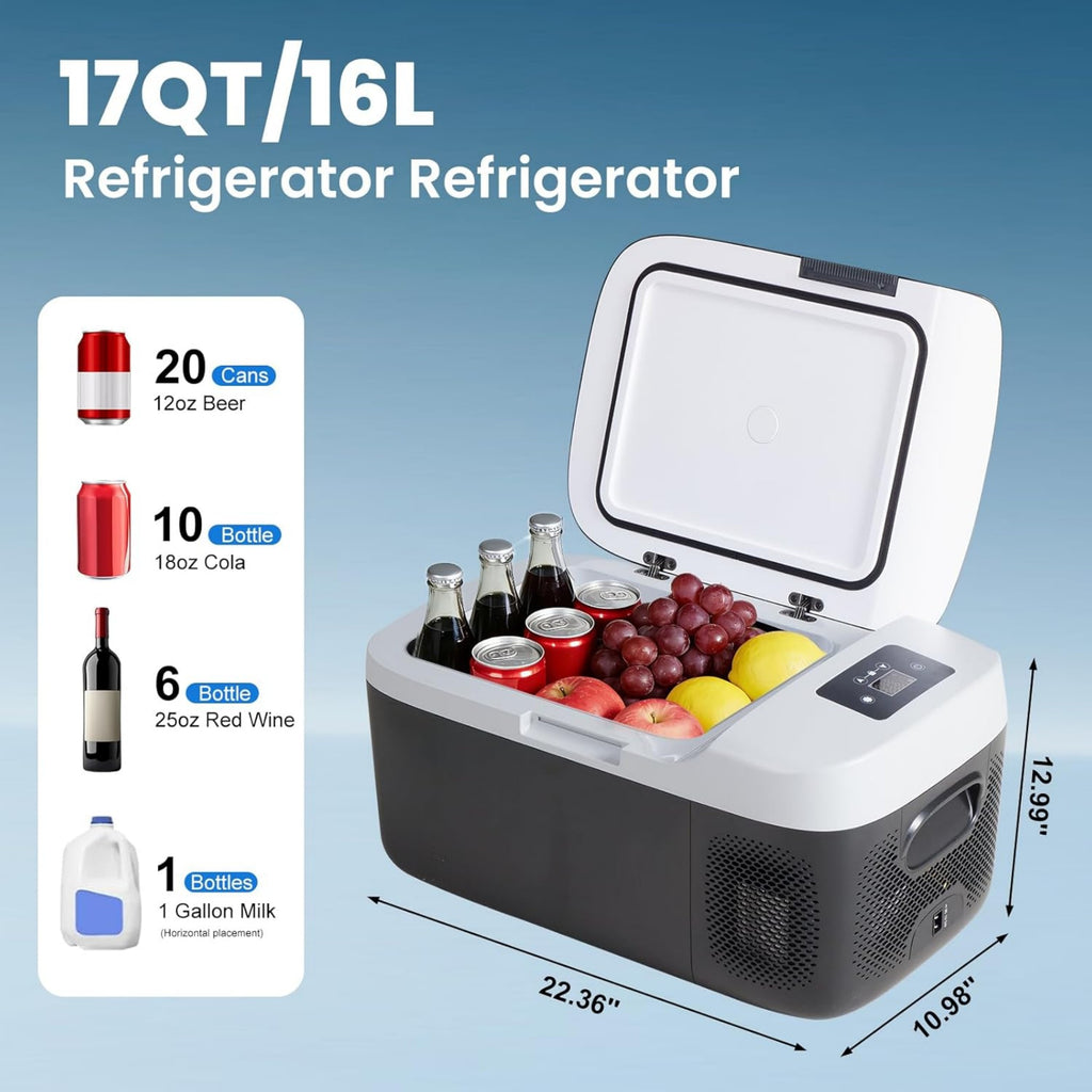 VANECL 17QT Portable Single-Zone Car Refrigerator, -4℉~68℉ Car Freezer Cooler with Bluetooth Control, 12/24V DC & 100-240V AC Dual Power