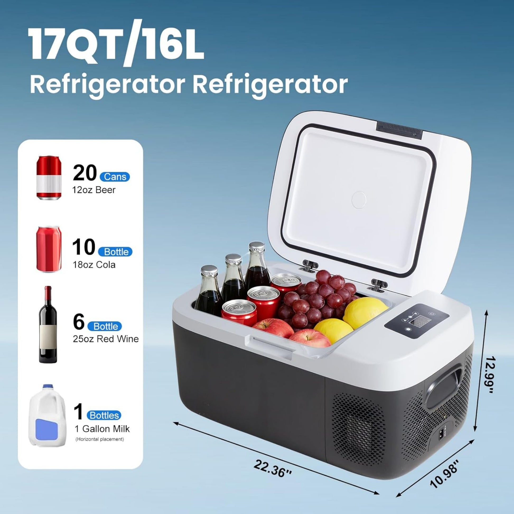 VANECL 17QT Portable Single-Zone Car Refrigerator, -4℉~68℉ Car Freezer Cooler with Bluetooth Control, 12/24V DC & 100-240V AC Dual Power