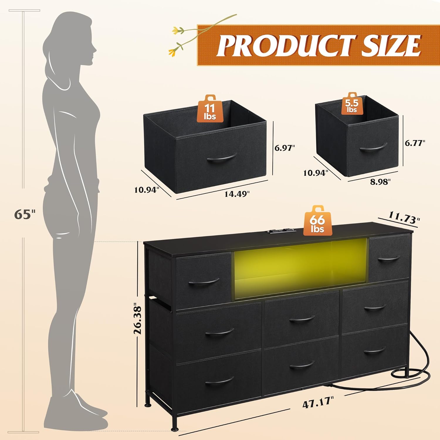 VANECL TV Stand with Built-in Charging Station & LED Ambient Lighting, Entertainment Cabinet with 9 Fabric Drawers for Up to 55 Inch TV