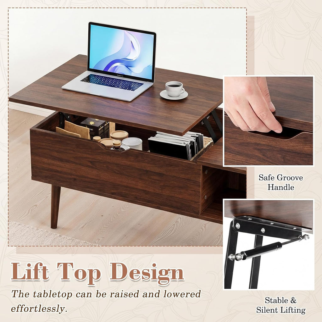 VANECL Wooden Lift Top Coffee Table with Hidden Storage Compartments & Adjustable Side Shelves for Living Room Home Office
