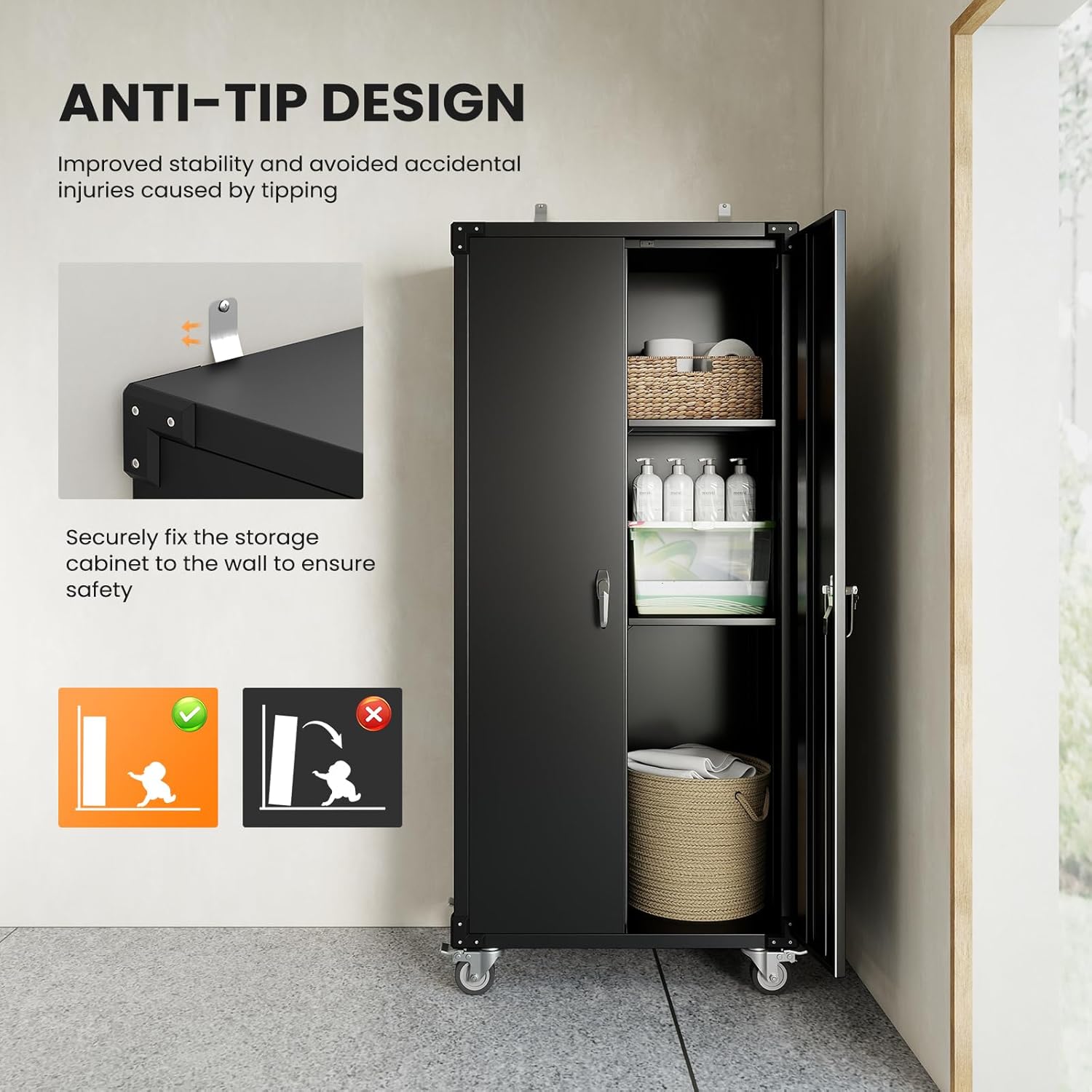 VANECL 72"H Black Rolling Metal Storage Cabinet with Lockable Door, Adjustable Shelves & Removable Casters for Garage Office Warehouse