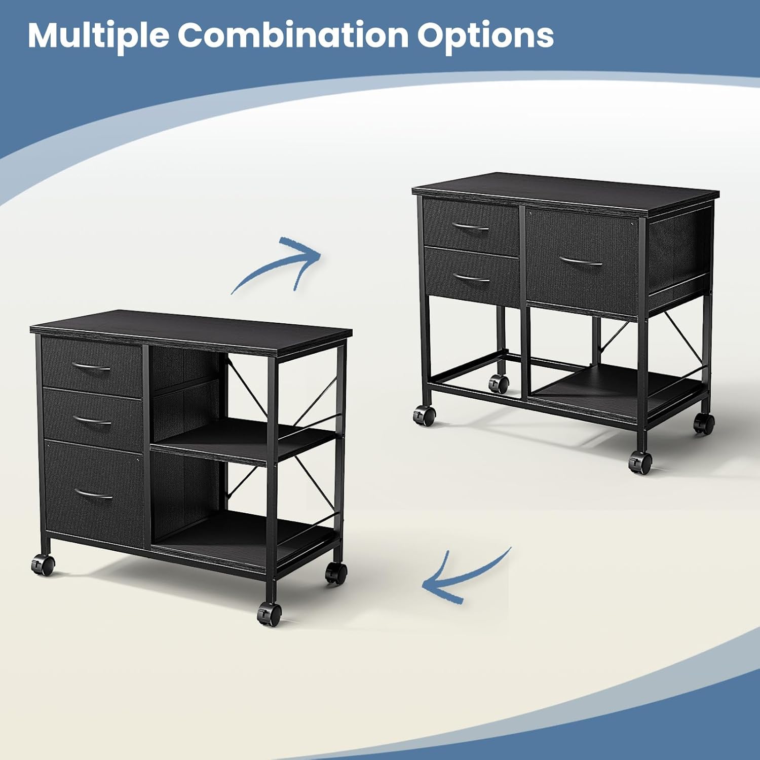 VANECL 3-Tier Rolling Printer Stand with Storage Drawers, Mobile Office File Cabinet with Reinforced Back Support Bar