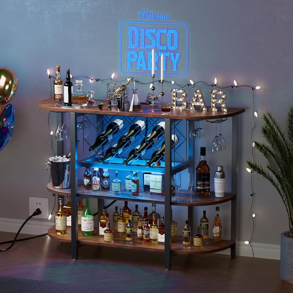 VANECL Sliding Door Metal Wine Bar Cabinet with RGB LED Light & Built-In Charging Station, Home Beverage Storage Cabinet