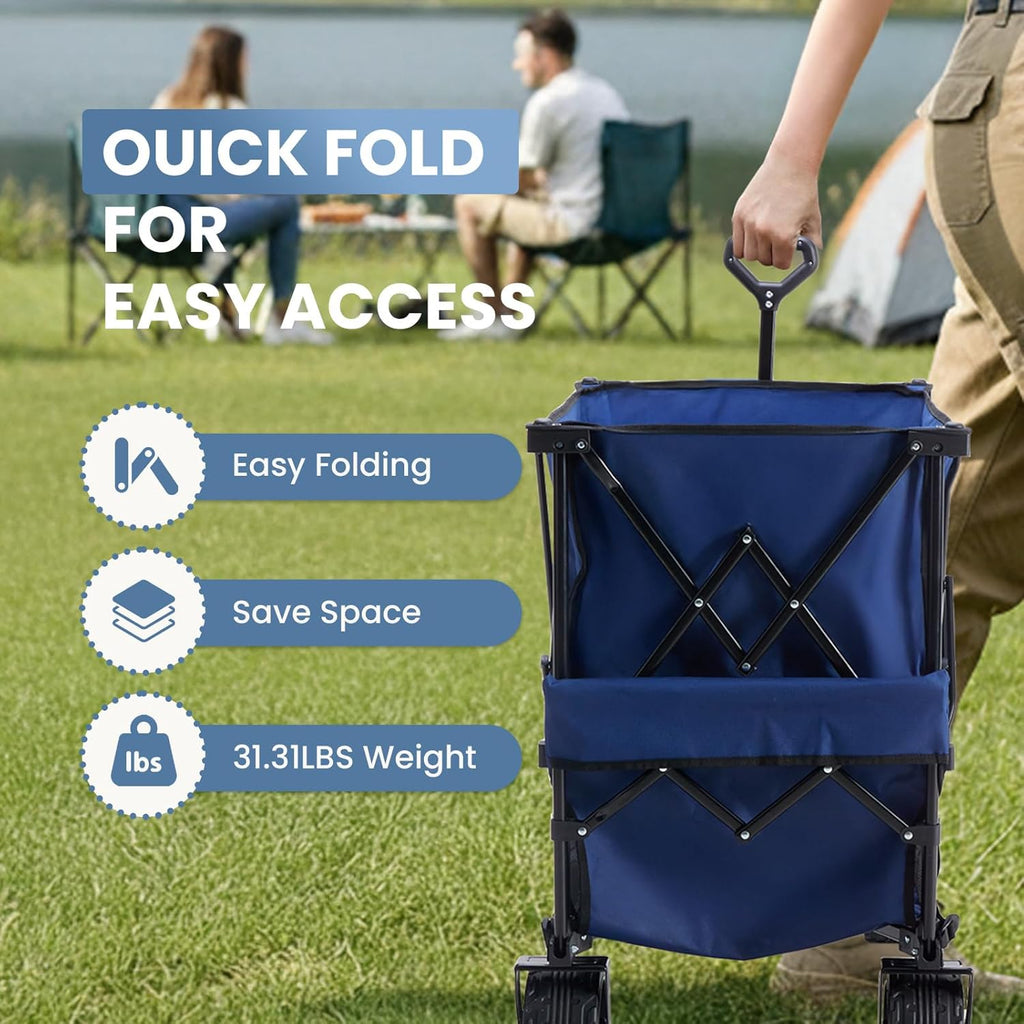VANECL Double Deck Foldable Utility Wagon Cart with Brake, Max 440LBS Load & 320L Large Capacity