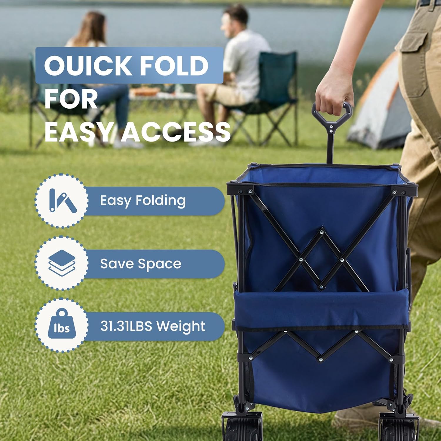 VANECL Double Deck Foldable Utility Wagon Cart with Brake, Max 440LBS Load & 320L Large Capacity
