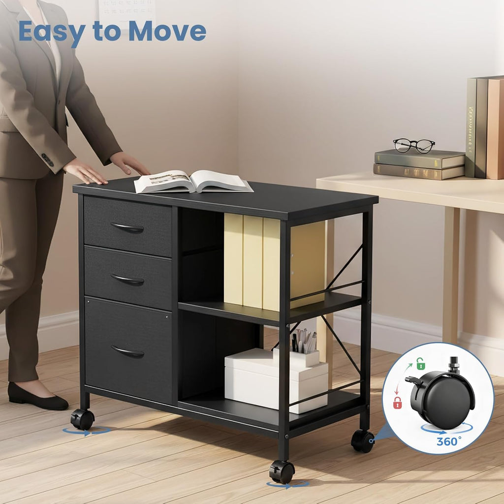 VANECL 3-Tier Rolling Printer Stand with Storage Drawers, Mobile Office File Cabinet with Reinforced Back Support Bar