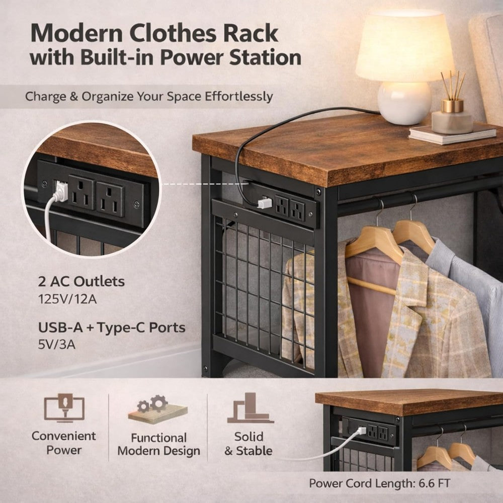 VANECL Fabric Storage Locker with Wooden Top, LED Light & Built-in Charging Station, 6-Drawer Clothing Organizer with Hanging Rod & Side Mesh Pockets