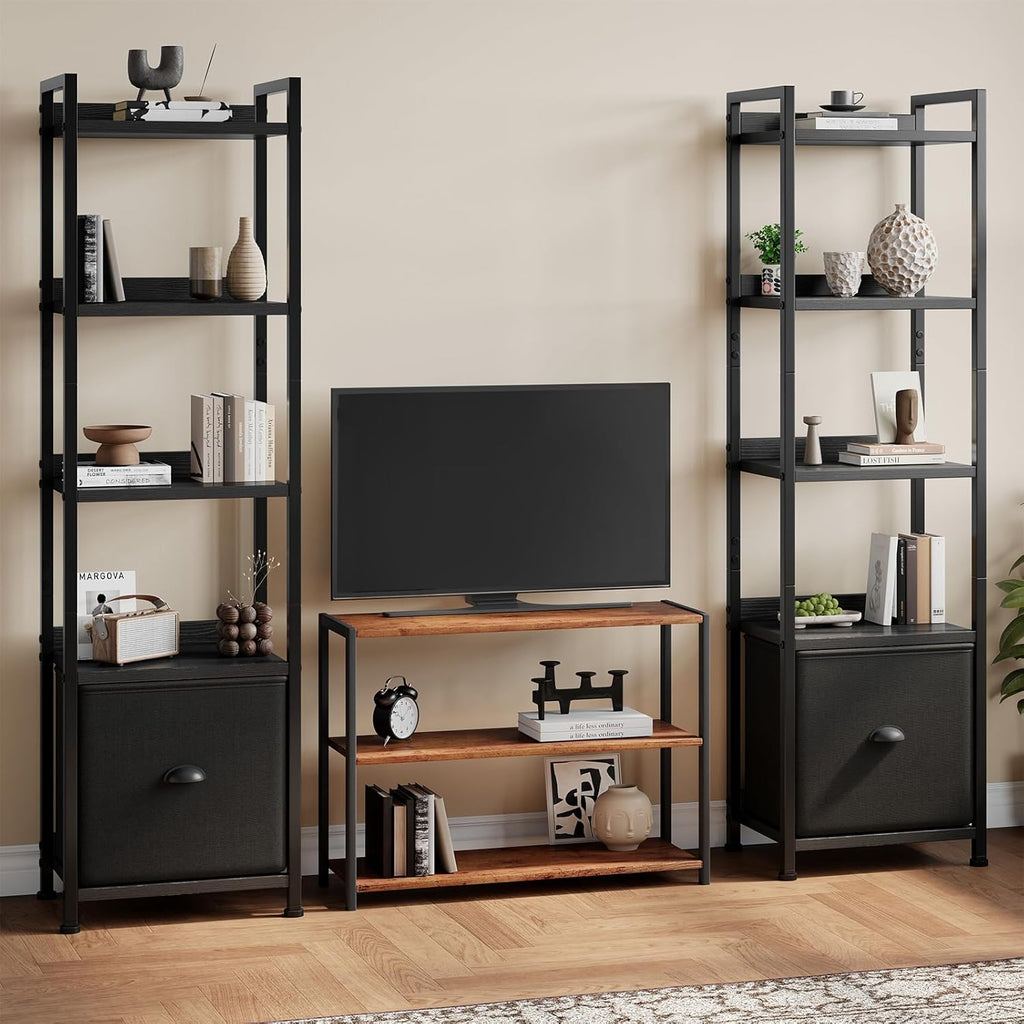 VANECL 5-Tier B0okshelf with Fabric Drawers, Wood & Metal Open B0okcase Storage Organizer for Home Office Bedroom