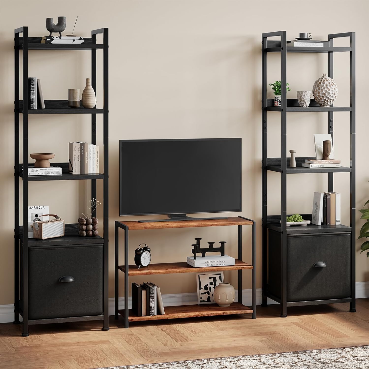 VANECL 5-Tier B0okshelf with Fabric Drawers, Wood & Metal Open B0okcase Storage Organizer for Home Office Bedroom