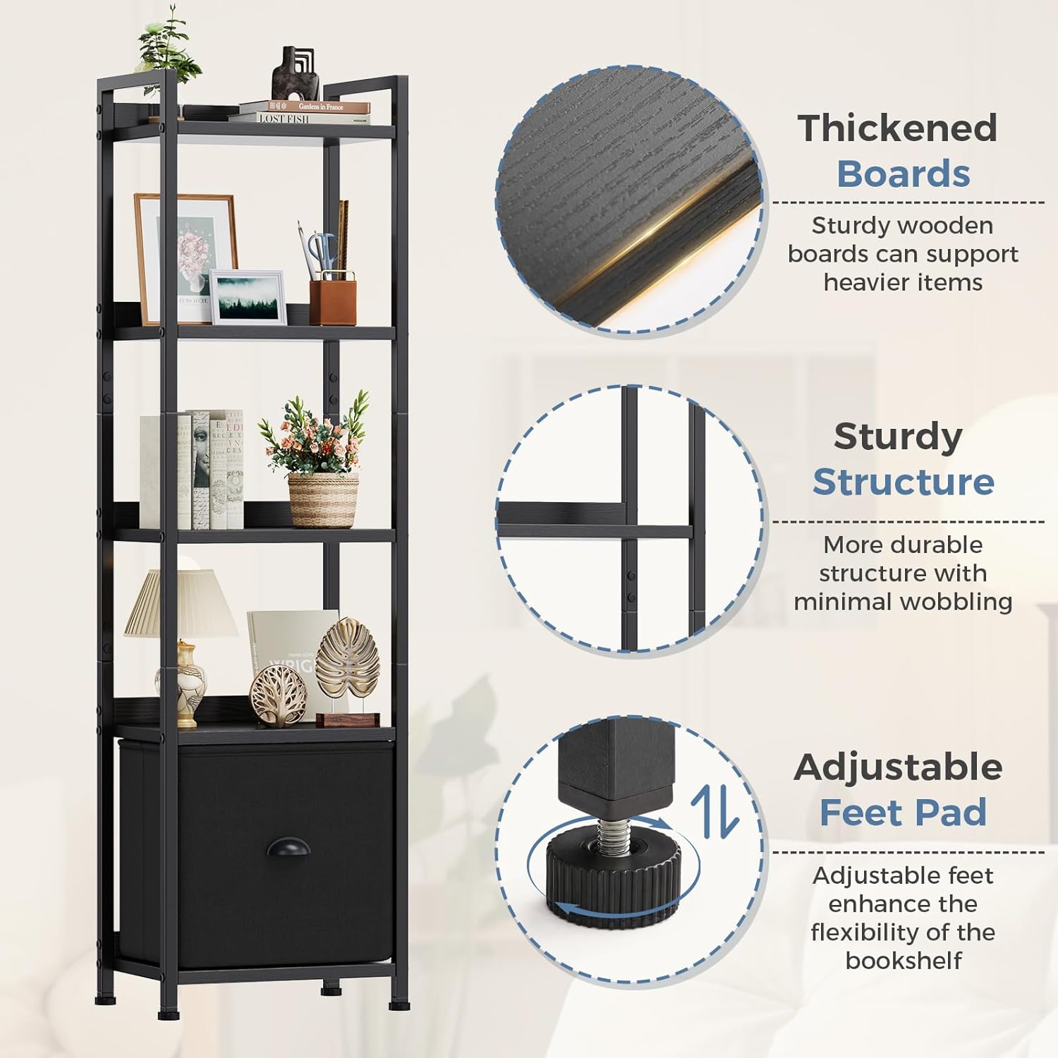 VANECL 5-Tier B0okshelf with Fabric Drawers, Wood & Metal Open B0okcase Storage Organizer for Home Office Bedroom