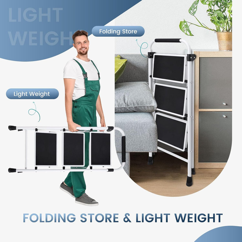 VANECL 3-Step Folding Steel Step Ladder with Auto-Lock Safety Buckle, Anti-Slip Portable Household Step Stool Max 330LBS
