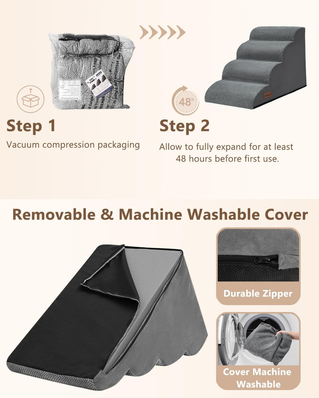 VANECL 4-Step Curved High Density Foam Pet Stairs Ramp, Non-Slip Dog Cat Steps for Bed Sofa & Vehicle Access