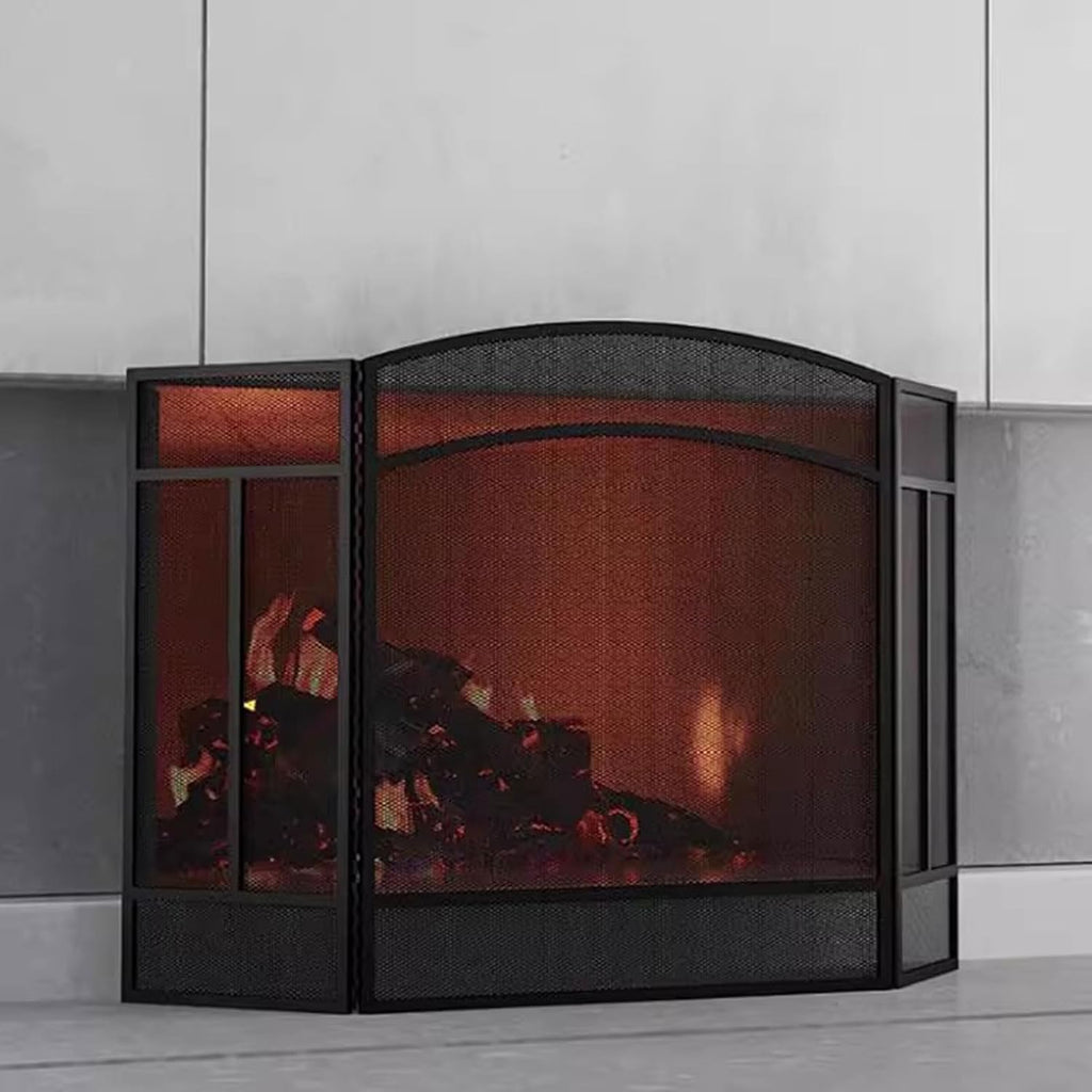 VANECL 3-Panel Foldable Forged Iron Fireplace Screen, Black Metal Spark Guard Mesh Fire Screen for Home Living Room Decor & Flame Protection
