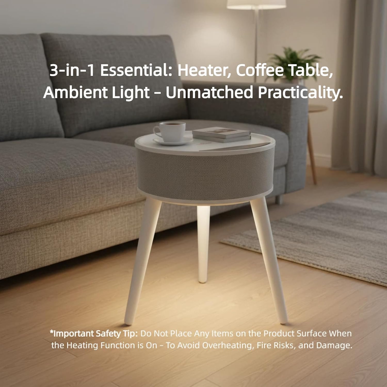 VANECL 3-in-1 Round Side Table Space Heater, PTC Fast Heating Wooden End Table Heater with 1–12H Timer, Ultra Quiet Anti-Tip Portable Electric Heater for Bedroom Living Room