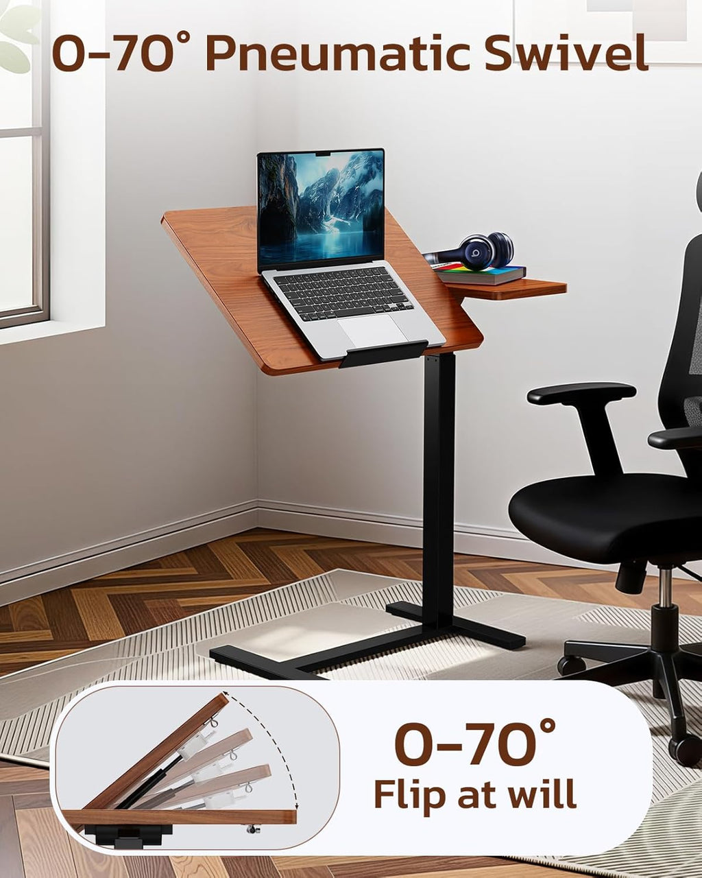 VANECL Adjustable Overbed Rolling Laptop Table, Pneumatic Height & 0°-70° Tilting Bedside Desk with Hidden Wheels for Bed Sofa Office