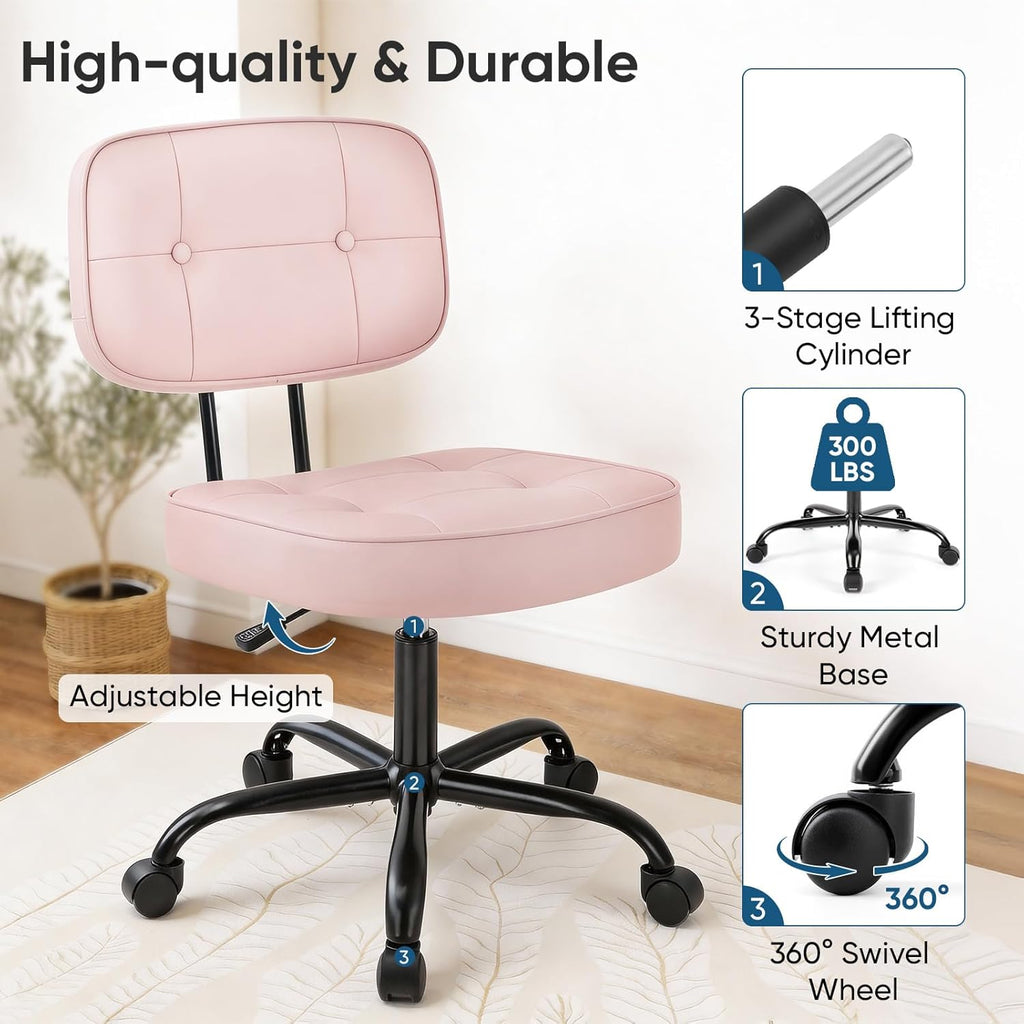 VANECL Armless PU Leather Rolling Office Chair, Thick Cushion Ergonomic Desk Chair for Small Space, Supports Up to 350 LBS