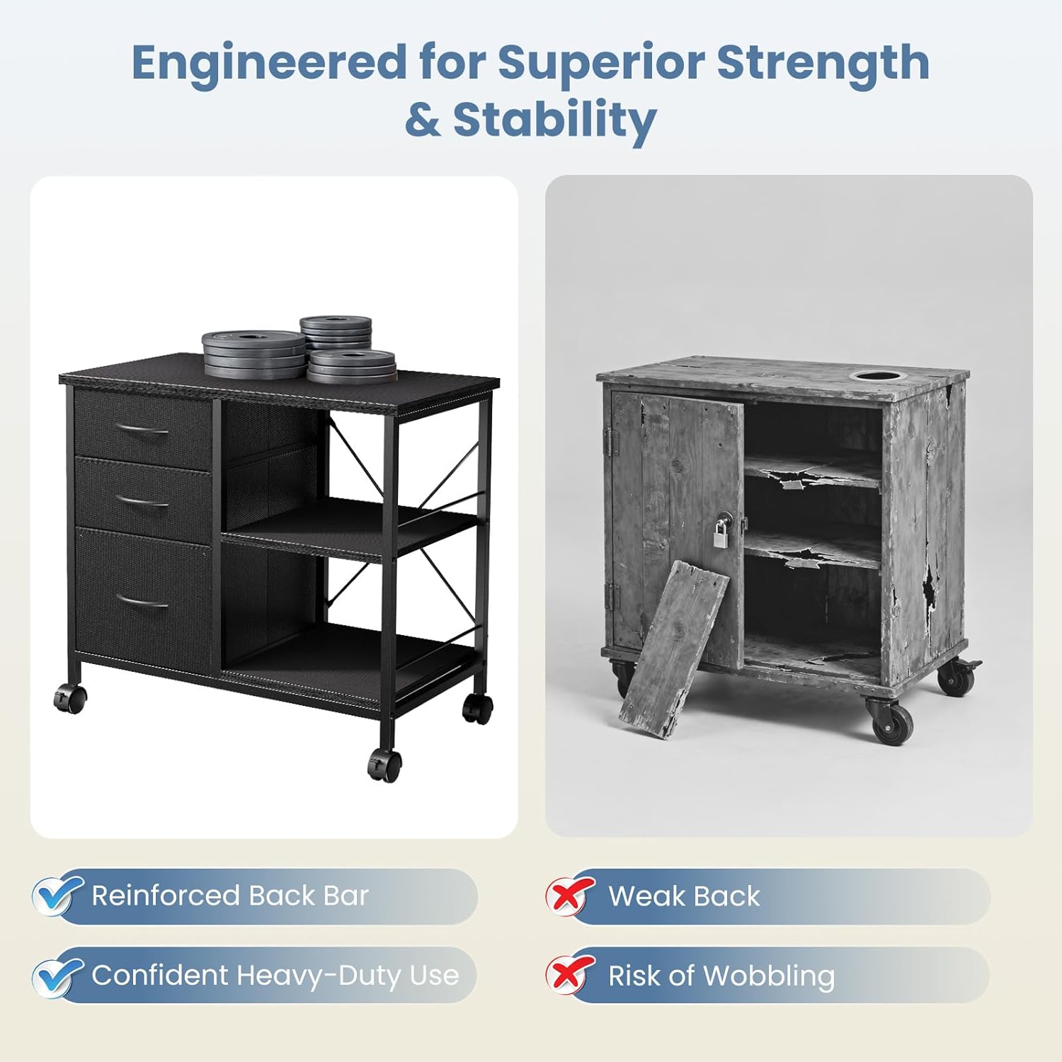 VANECL 3-Tier Rolling Printer Stand with Storage Drawers, Mobile Office File Cabinet with Reinforced Back Support Bar