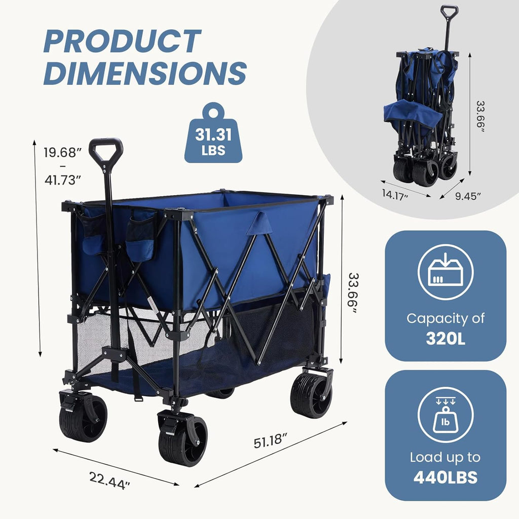 VANECL Double Deck Foldable Utility Wagon Cart with Brake, Max 440LBS Load & 320L Large Capacity