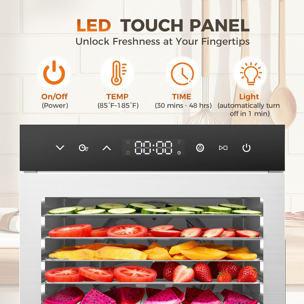 VANECL 600W Food Dehydrator, 6.5 Sq.Ft Large Drying Area, Adjustable 95-165°F Temperature Control for Household Fruit Jerky Herb Snack Making