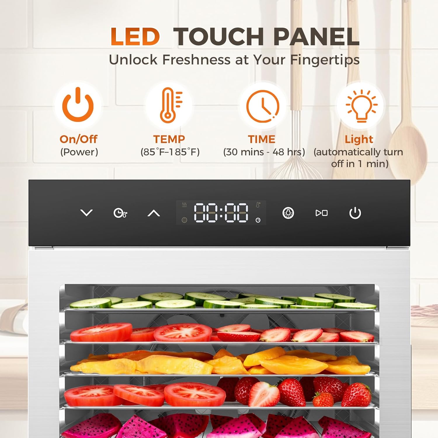 VANECL 600W Food Dehydrator, 6.5 Sq.Ft Large Drying Area, Adjustable 95-165°F Temperature Control for Household Fruit Jerky Herb Snack Making