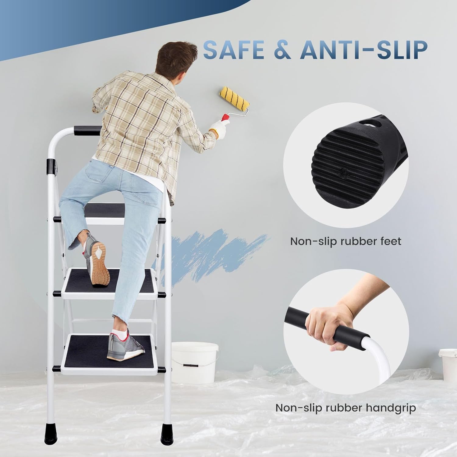VANECL 3-Step Folding Steel Step Ladder with Auto-Lock Safety Buckle, Anti-Slip Portable Household Step Stool Max 330LBS