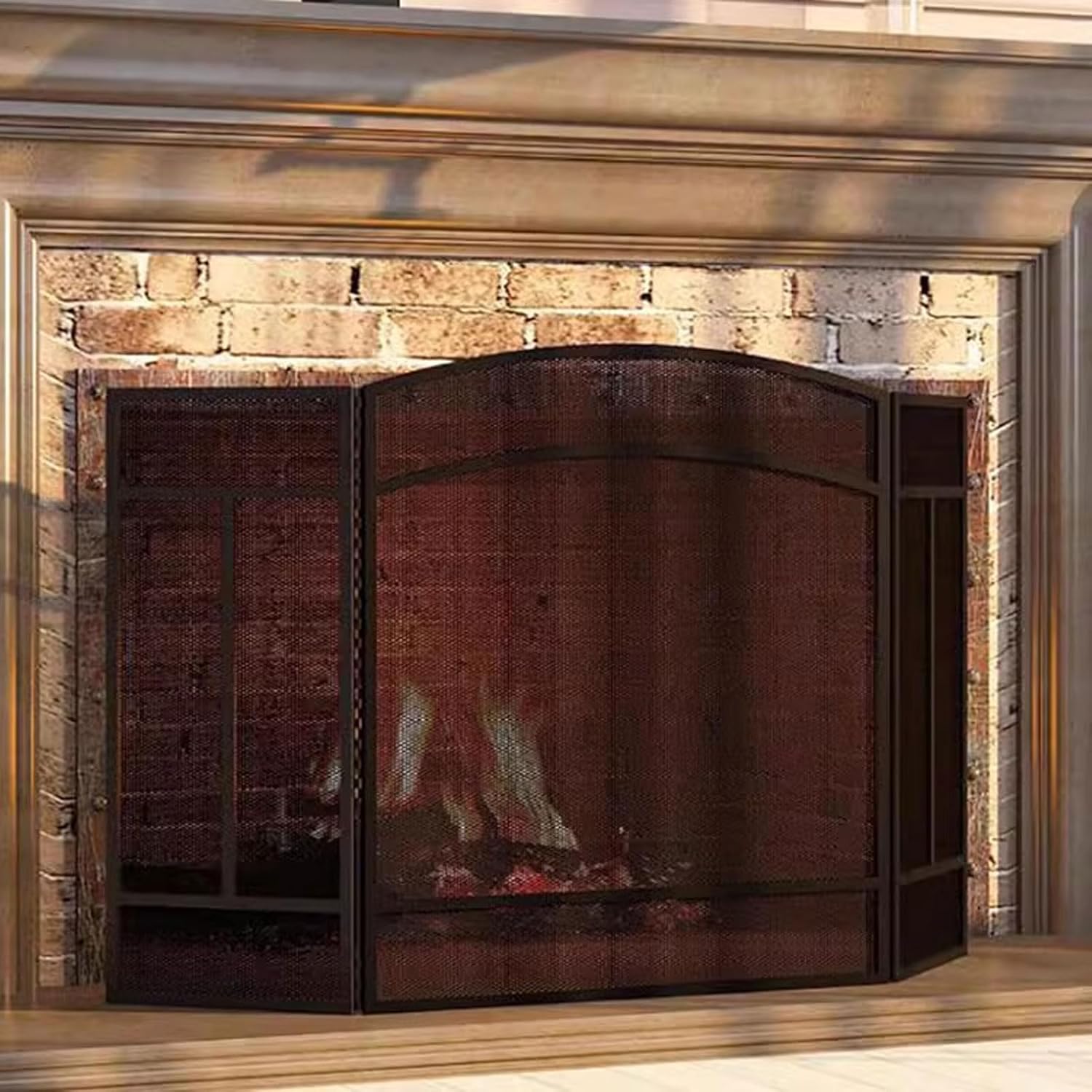 VANECL 3-Panel Foldable Forged Iron Fireplace Screen, Black Metal Spark Guard Mesh Fire Screen for Home Living Room Decor & Flame Protection
