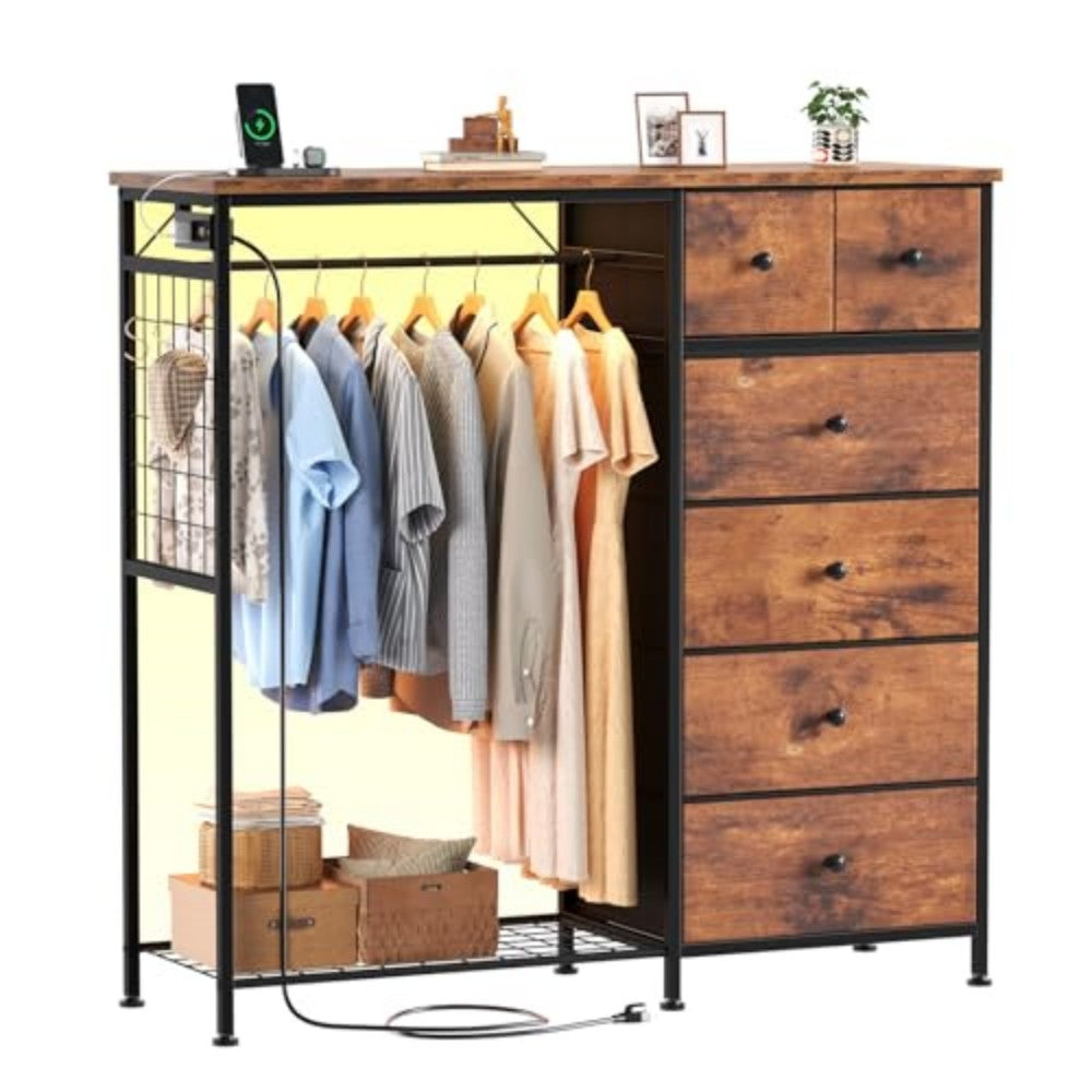 VANECL Fabric Storage Locker with Wooden Top, LED Light & Built-in Charging Station, 6-Drawer Clothing Organizer with Hanging Rod & Side Mesh Pockets