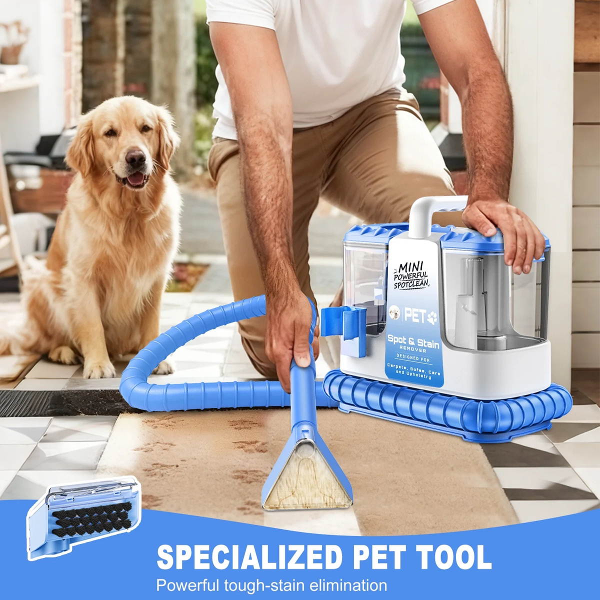 SUXIANGVAC Portable Carpet and Upholstery Spot Cleaner Machine, 20Kpa Powerful Suction with 5 Cleaning Tools, 17oz Cleaning Solution, Lightweight Compact Design, Deep Clean for Car, Home, Blue