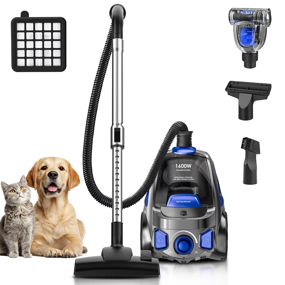 SUXIANGVAC Canister Vacuum Cleaner, 32Kpa 1600W Bagless Vacuum Cleaner, Dust Full Indicator, H13 HEPA Filter, 3.7Qt Large Capacity, Lightweight Vac for Hard Floors, Carpet, Pet, Upholstery, Blue