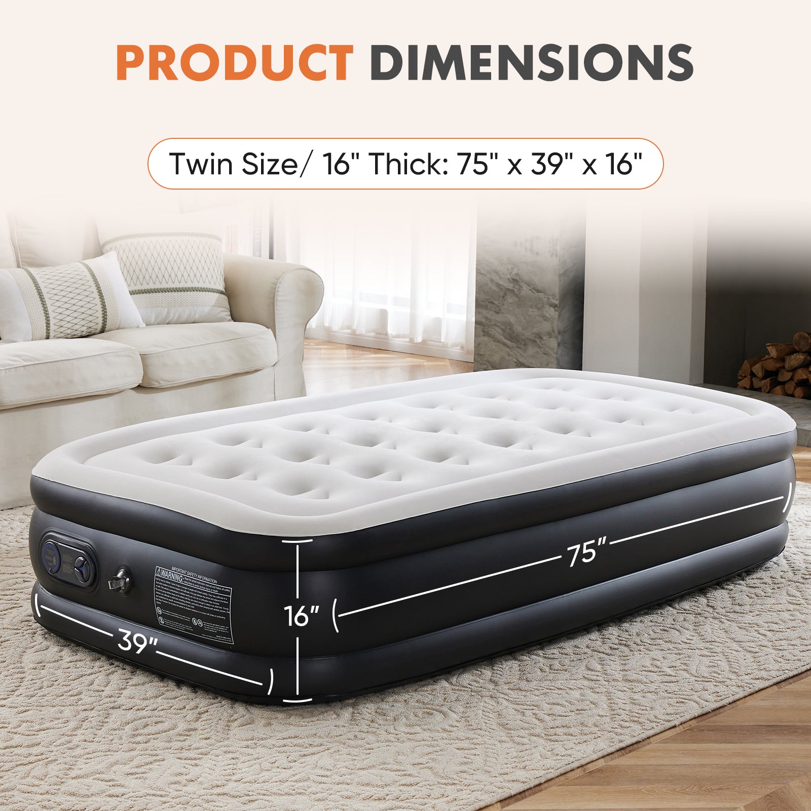 VANECL 16 Inch Twin Air Mattress with Built-in High Capacity Pump, Raised Double Height Inflatable Airbed, Adjustable Blow Up Mattress with Non-Slip B0ttom for Home Camping Travel