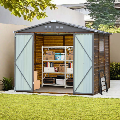 VANECL 6×8 FT Wood & Iron Combination Outdoor Storage Shed, Waterproof Cedar Wood Garden Tool Storage House with Acrylic Windows & Vent Slots, Barn-Style Modular Outdoor Workshop for Backyard Yard