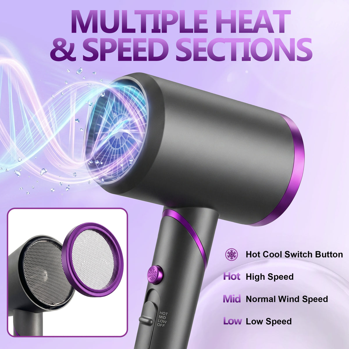 OAKSKY Hair Dryer with Comb,1800W Professional Ionic Blow Dryer with Diffuser for Curly Hair,Foldable & Protable Design for Travel