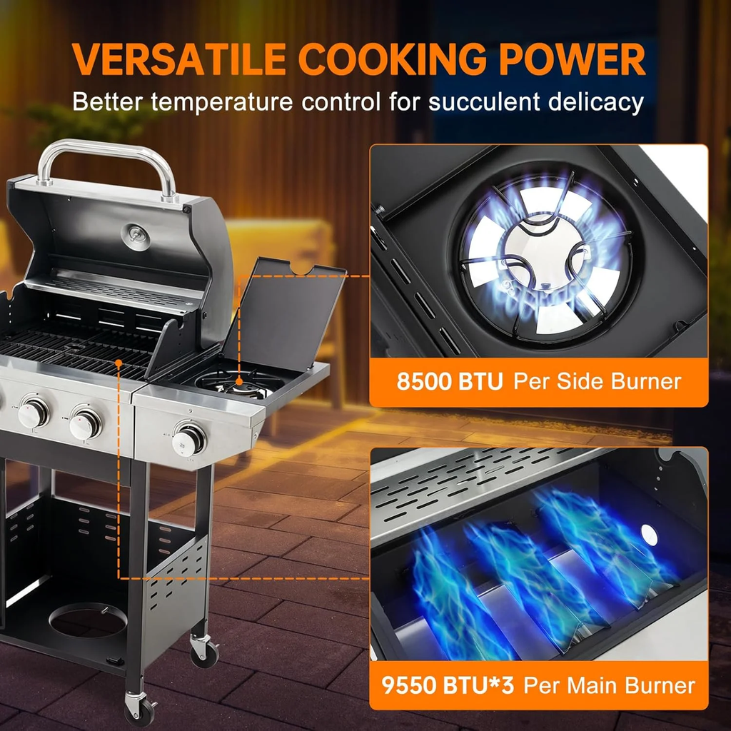 Aminy 3 Burner BBQ Propane Gas Grill with Side Burner, Outdoor Stainless Steel 37230 BTU Patio Garden BBQ Grill with Lid, Wheels for Camping, Outdoor Cooking