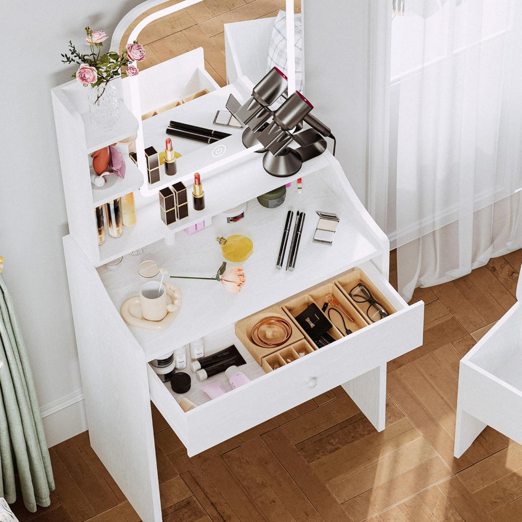 VANECL Compact Vanity Table Set with Adjustable LED Makeup Mirror, Storage Drawers, Open Shelves & Matching Stool for Bedroom Dorm Apartment