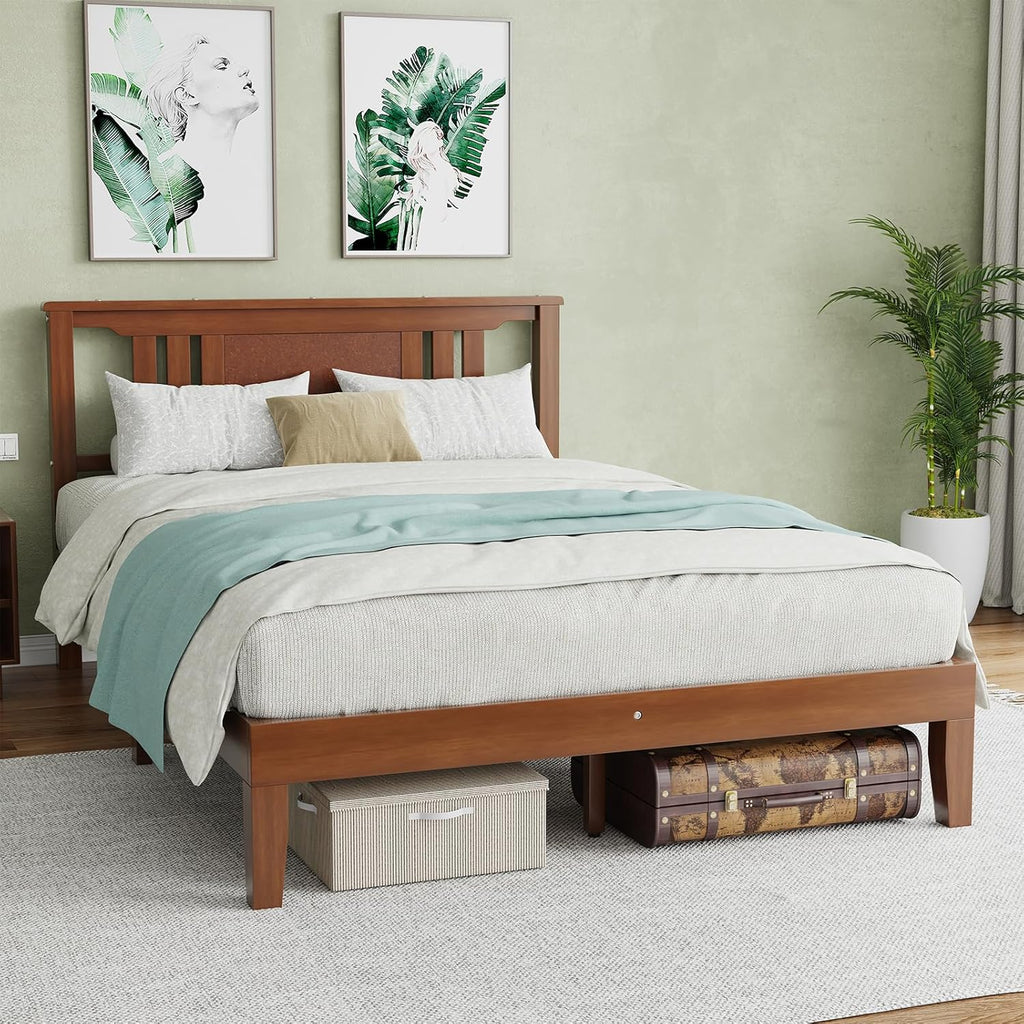 VANECL Full Size Solid Pine Wood Bed Frame with HeadB0ard, Heavy Duty Wooden Platform Bed with 8in Under Bed Storage for Bedroom
