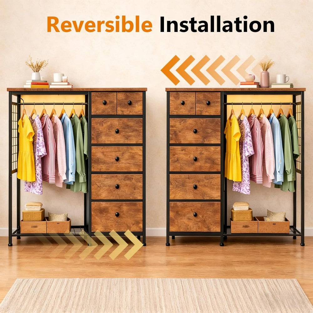 VANECL Fabric Storage Locker with Wooden Top, LED Light & Built-in Charging Station, 6-Drawer Clothing Organizer with Hanging Rod & Side Mesh Pockets