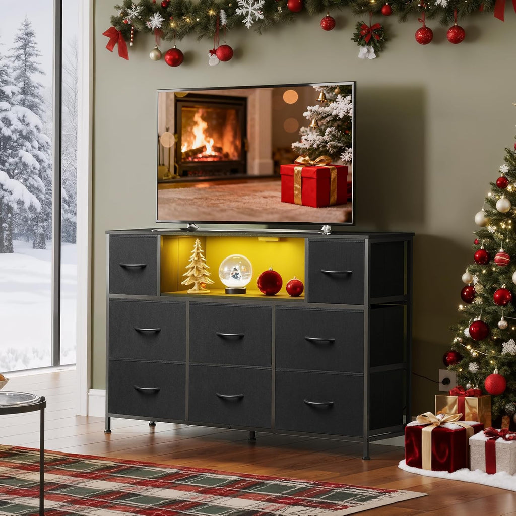 VANECL TV Stand with Built-in Charging Station & LED Ambient Lighting, Entertainment Cabinet with 9 Fabric Drawers for Up to 55 Inch TV