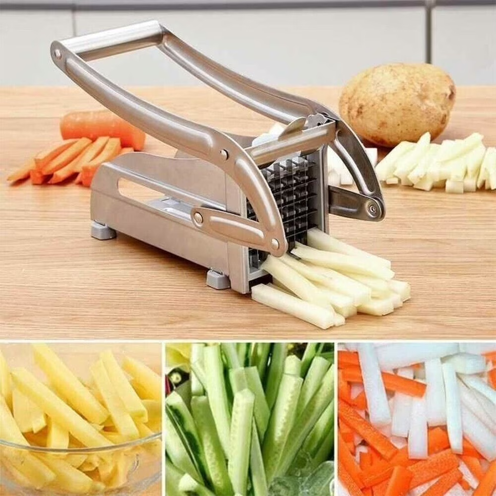 WANDOBAO French Fry Cutter Stainless Steel Potato Slicer, Food Grade Potato Cutter with No-Slip Base & 2 Blades for Potato Vegetable Radish Cucumber Onion