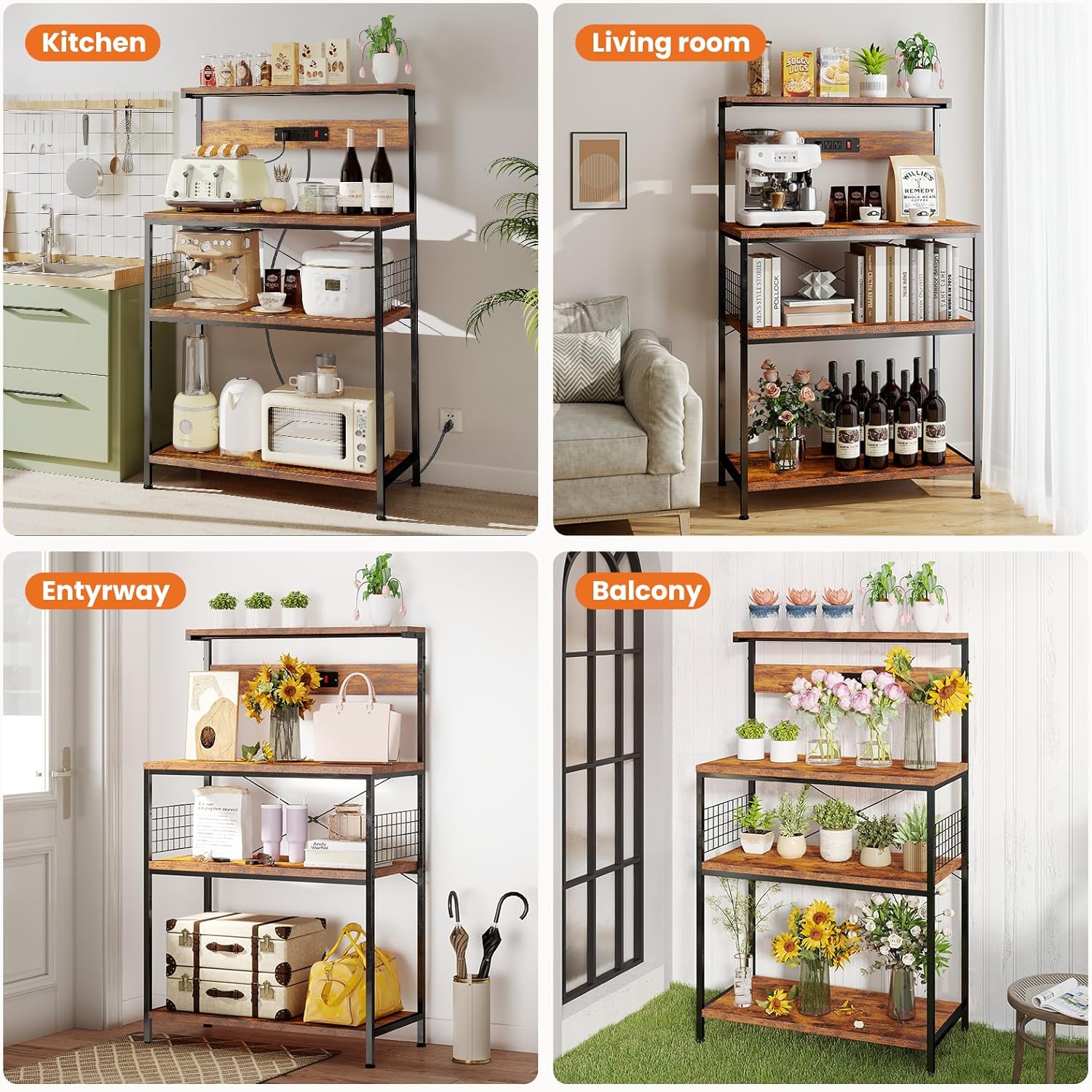 VANECL Kitchen Baker’s Rack with Built-In Power Outlet, Adjustable Open Storage Shelves Wood & Metal Coffee Bar Station