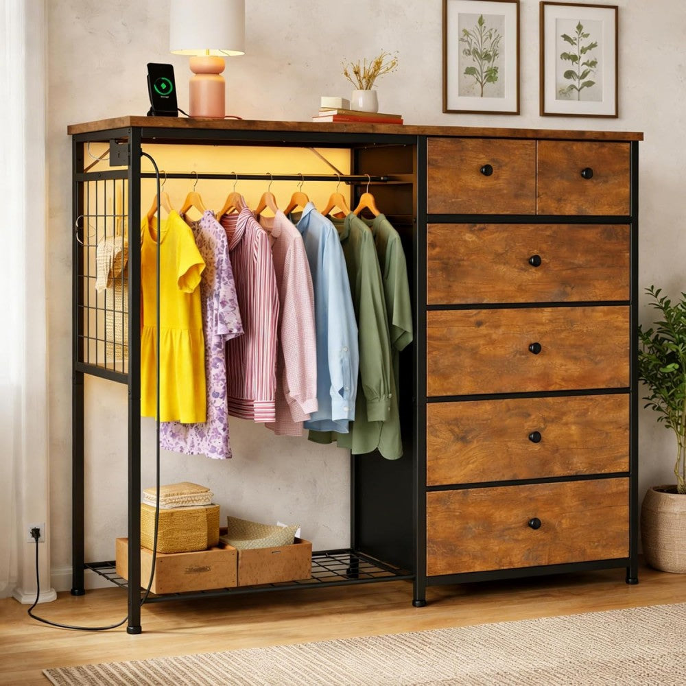 VANECL Fabric Storage Locker with Wooden Top, LED Light & Built-in Charging Station, 6-Drawer Clothing Organizer with Hanging Rod & Side Mesh Pockets