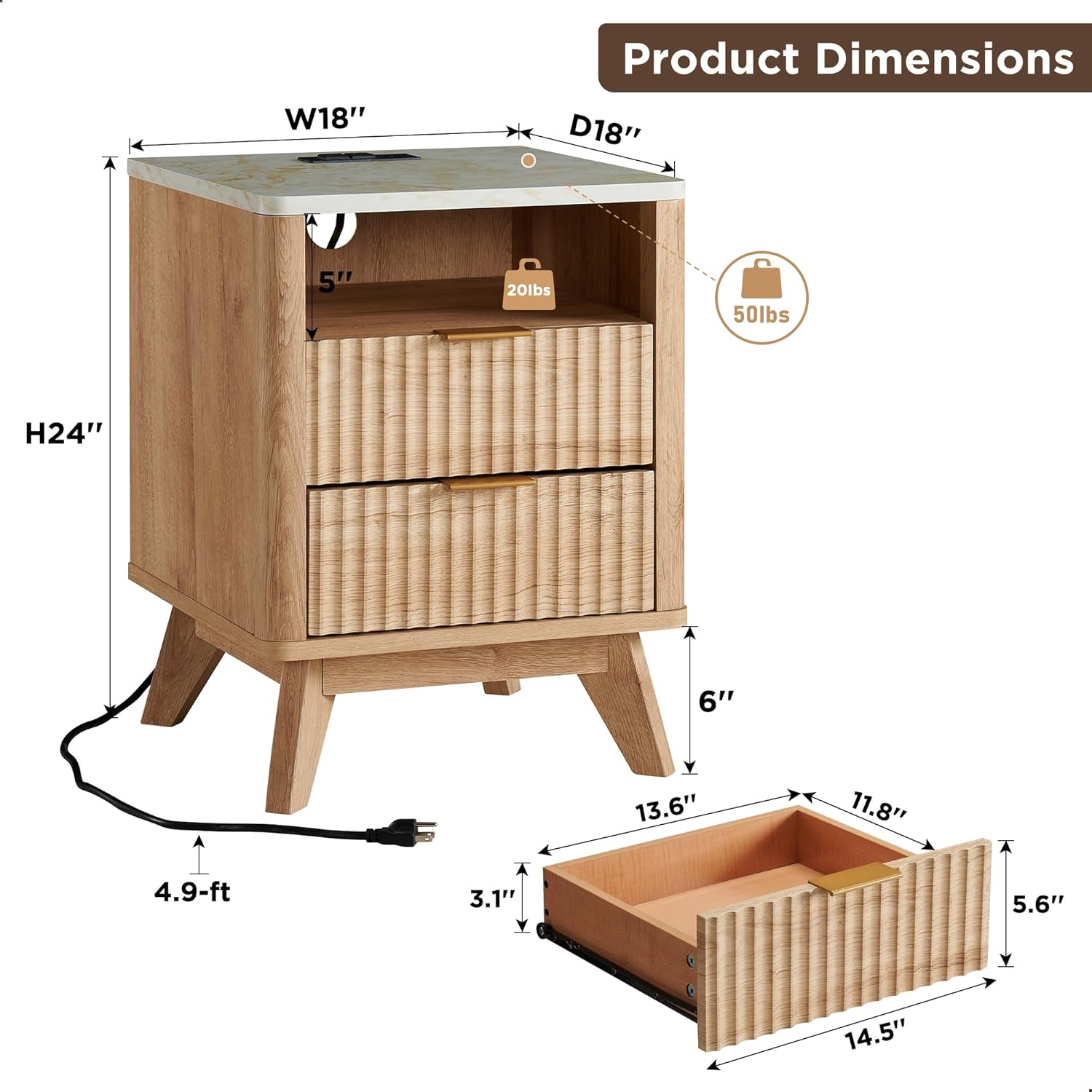 VANECL 2-Pack Carved Nightstands with Charging Station, Double Drawer Open Storage End Table with Faux Marble Top