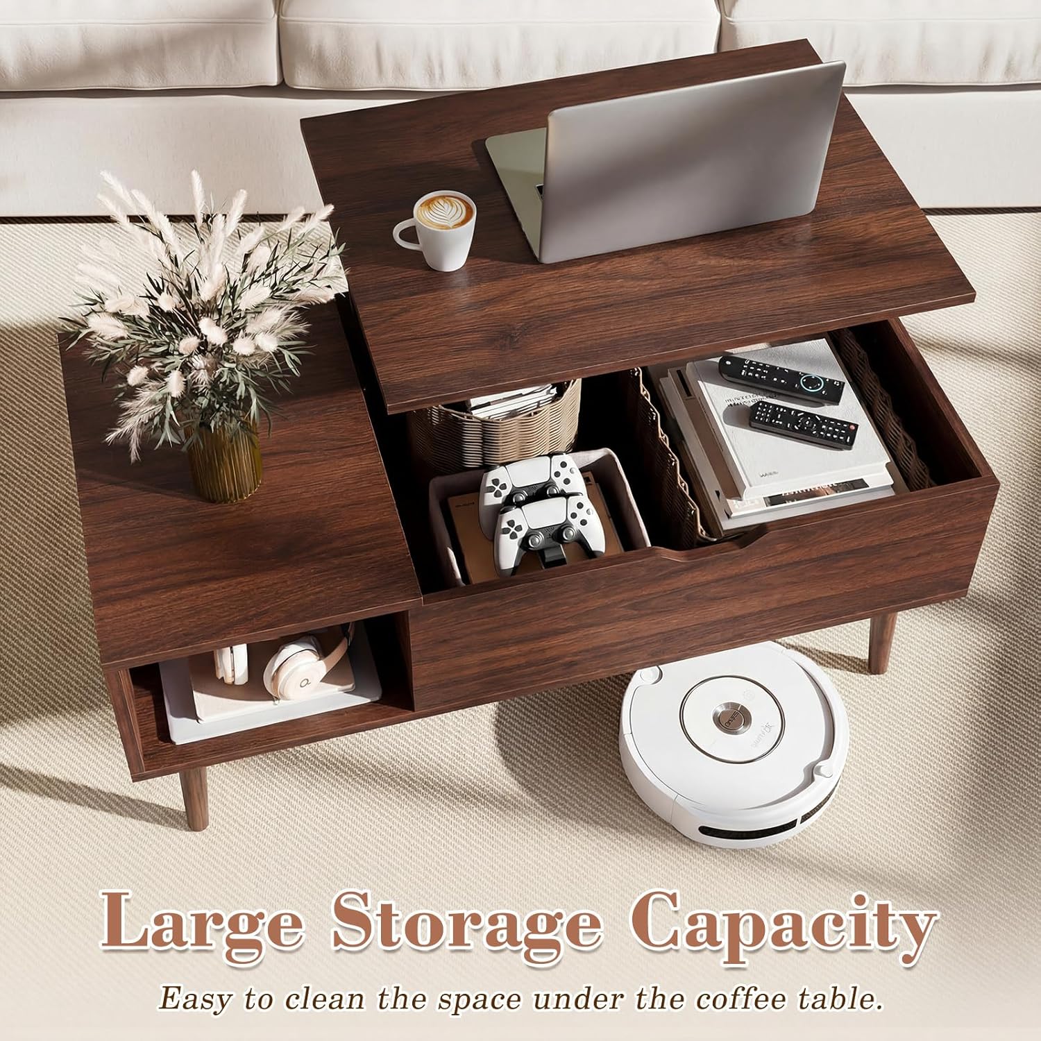 VANECL Wooden Lift Top Coffee Table with Hidden Storage Compartments & Adjustable Side Shelves for Living Room Home Office