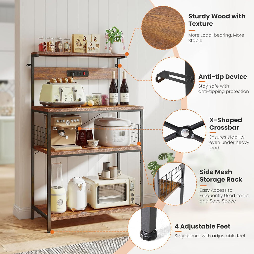 VANECL Kitchen Baker’s Rack with Built-In Power Outlet, Adjustable Open Storage Shelves Wood & Metal Coffee Bar Station