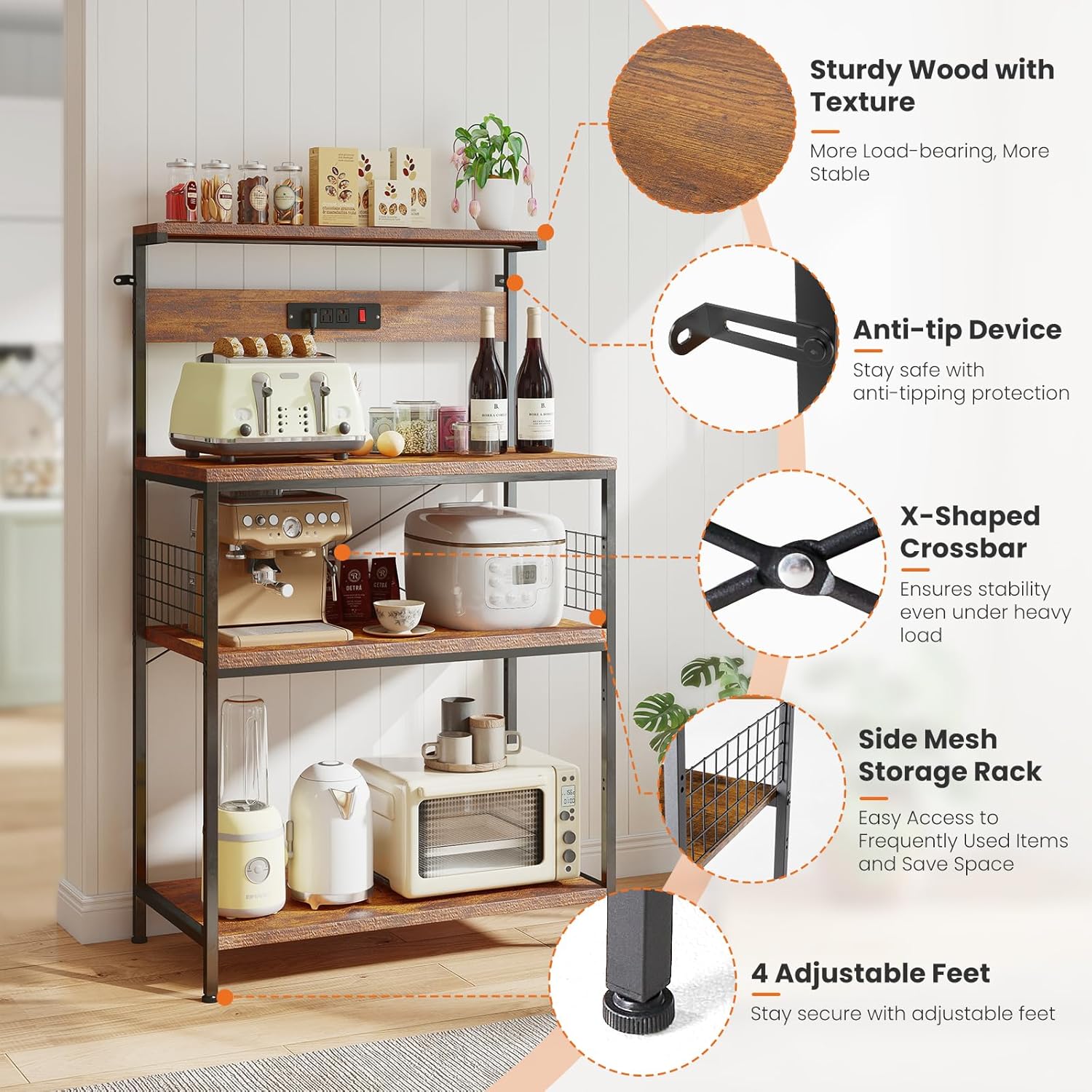 VANECL Kitchen Baker’s Rack with Built-In Power Outlet, Adjustable Open Storage Shelves Wood & Metal Coffee Bar Station