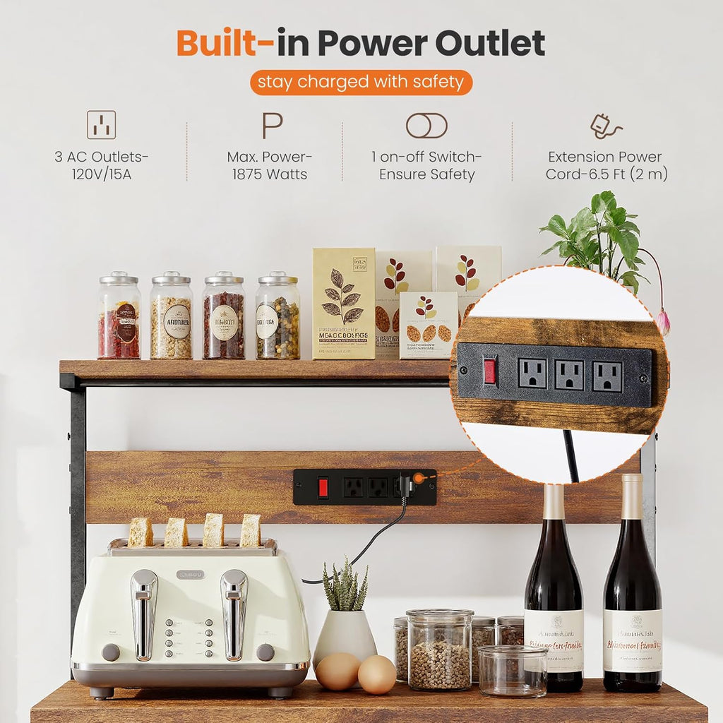 VANECL Kitchen Baker’s Rack with Built-In Power Outlet, Adjustable Open Storage Shelves Wood & Metal Coffee Bar Station