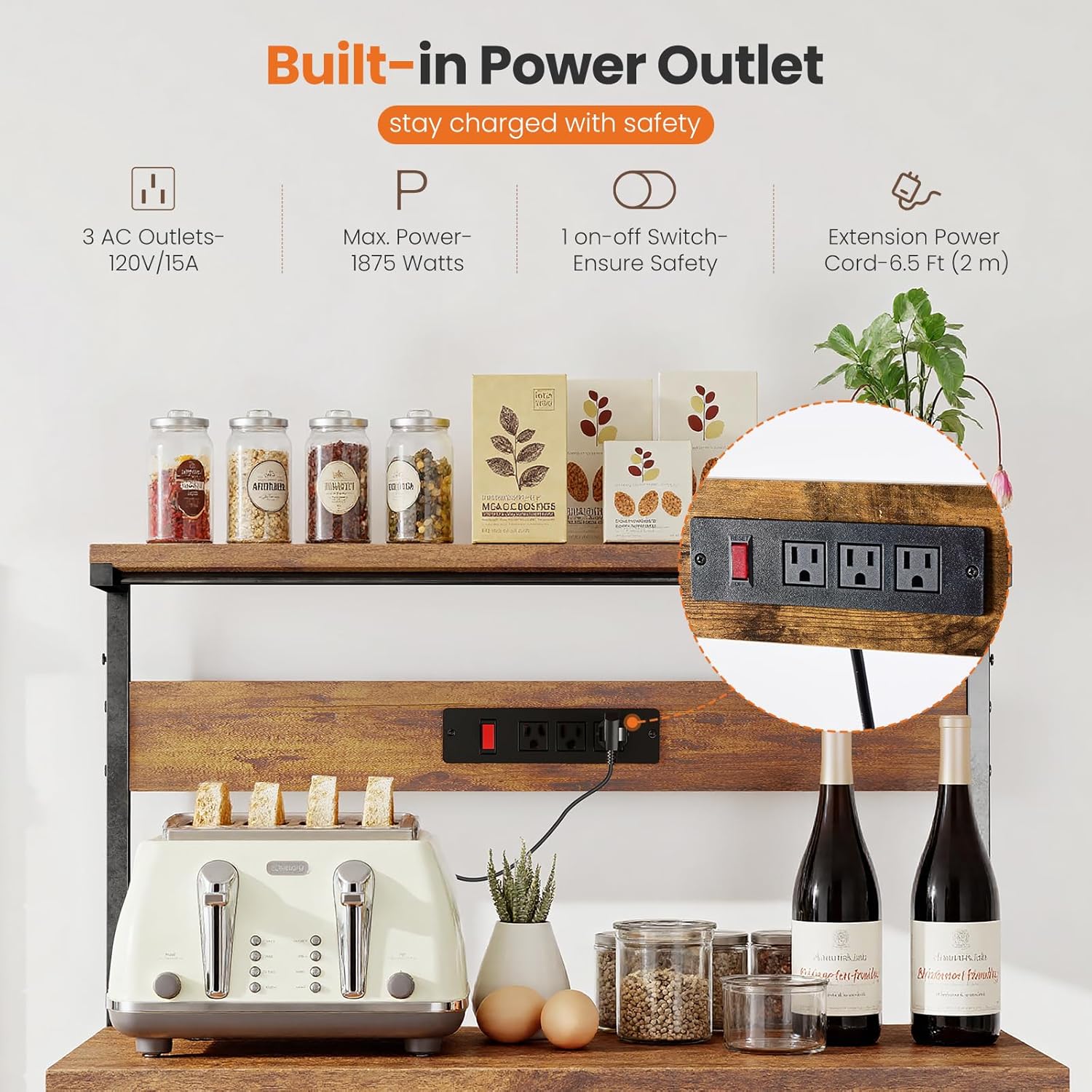 VANECL Kitchen Baker’s Rack with Built-In Power Outlet, Adjustable Open Storage Shelves Wood & Metal Coffee Bar Station